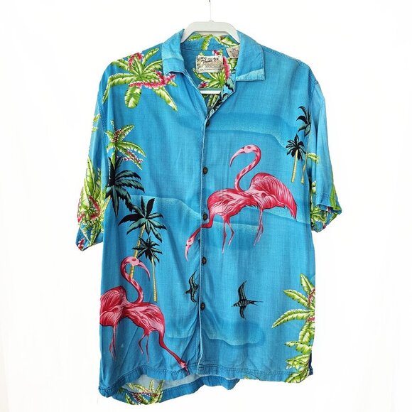 Thumbs Up Flamingo Hawiian Short Sleeve Button Down Shirt - Picture 1 of 4